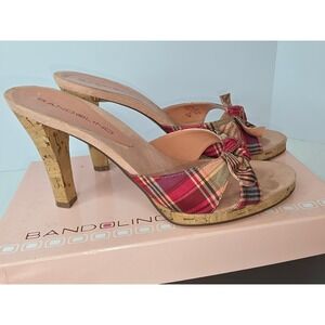 Bandolino Leon Red Plaid Bow Cork Heel Slide Sandals Mules Womens 6.5M
351